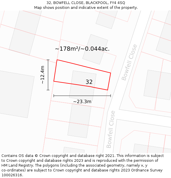 32, BOWFELL CLOSE, BLACKPOOL, FY4 4SQ: Plot and title map