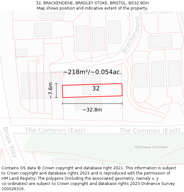 32, BRACKENDENE, BRADLEY STOKE, BRISTOL, BS32 9DH: Plot and title map