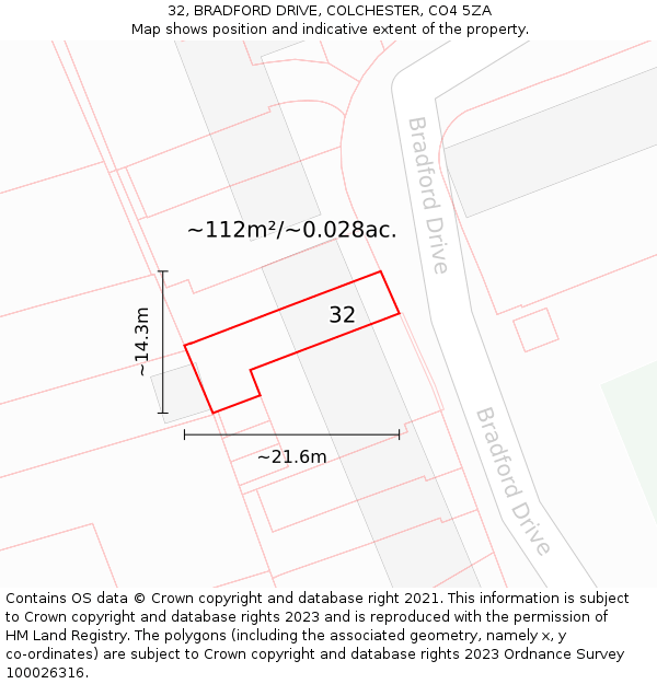 32, BRADFORD DRIVE, COLCHESTER, CO4 5ZA: Plot and title map