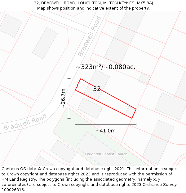 32, BRADWELL ROAD, LOUGHTON, MILTON KEYNES, MK5 8AJ: Plot and title map