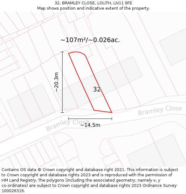 32, BRAMLEY CLOSE, LOUTH, LN11 9FE: Plot and title map