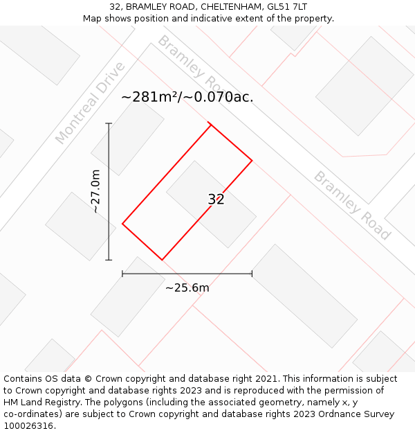 32, BRAMLEY ROAD, CHELTENHAM, GL51 7LT: Plot and title map