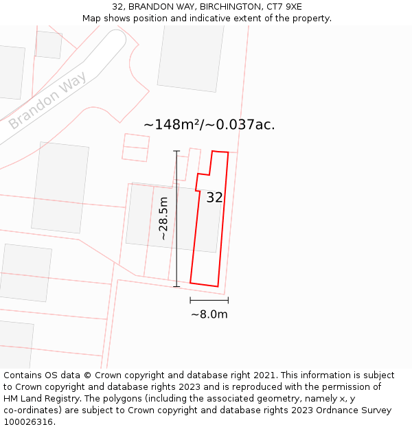 32, BRANDON WAY, BIRCHINGTON, CT7 9XE: Plot and title map