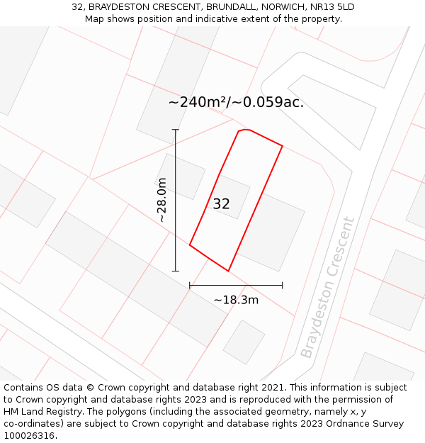 32, BRAYDESTON CRESCENT, BRUNDALL, NORWICH, NR13 5LD: Plot and title map