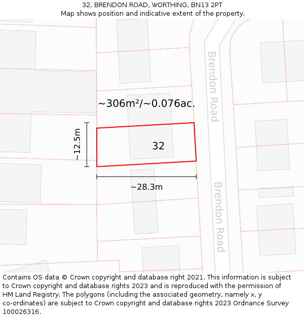 32, BRENDON ROAD, WORTHING, BN13 2PT: Plot and title map