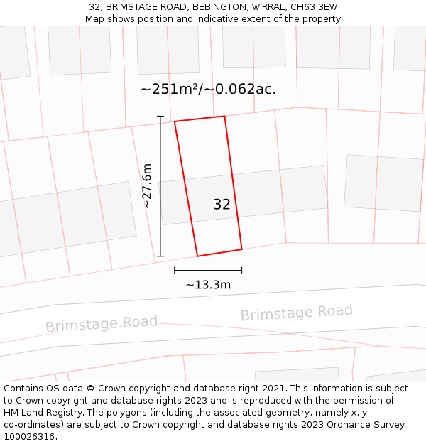 32, BRIMSTAGE ROAD, BEBINGTON, WIRRAL, CH63 3EW: Plot and title map