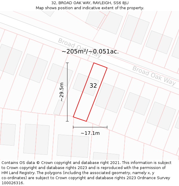 32, BROAD OAK WAY, RAYLEIGH, SS6 8JU: Plot and title map