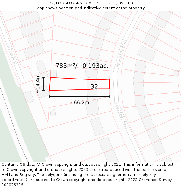 32, BROAD OAKS ROAD, SOLIHULL, B91 1JB: Plot and title map