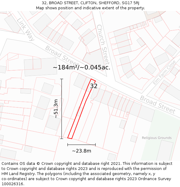 32, BROAD STREET, CLIFTON, SHEFFORD, SG17 5RJ: Plot and title map