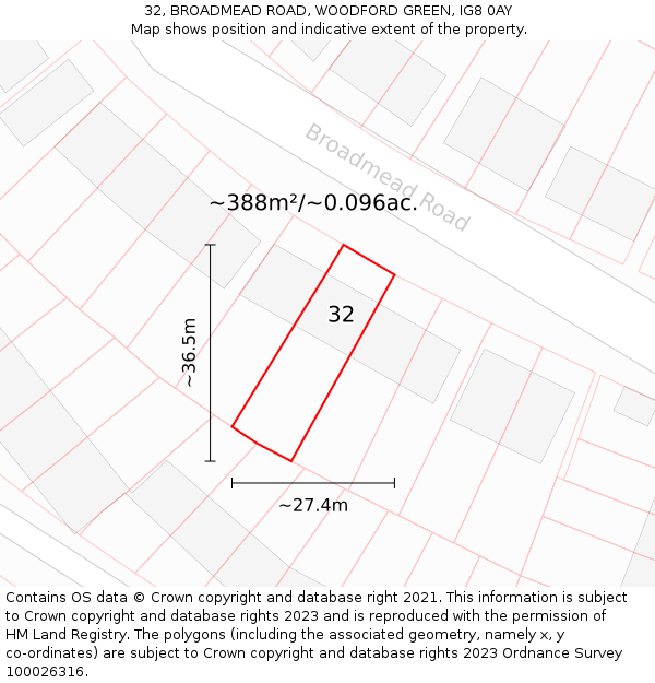 32, BROADMEAD ROAD, WOODFORD GREEN, IG8 0AY: Plot and title map