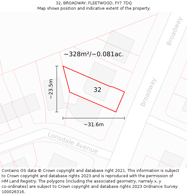 32, BROADWAY, FLEETWOOD, FY7 7DQ: Plot and title map