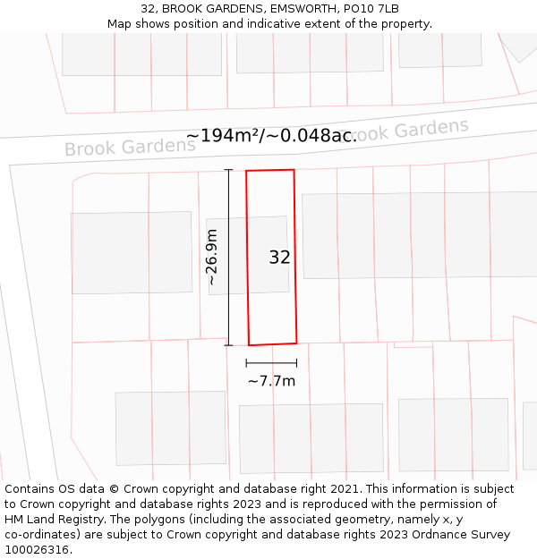 32, BROOK GARDENS, EMSWORTH, PO10 7LB: Plot and title map