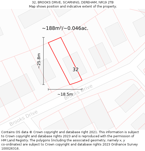 32, BROOKS DRIVE, SCARNING, DEREHAM, NR19 2TB: Plot and title map