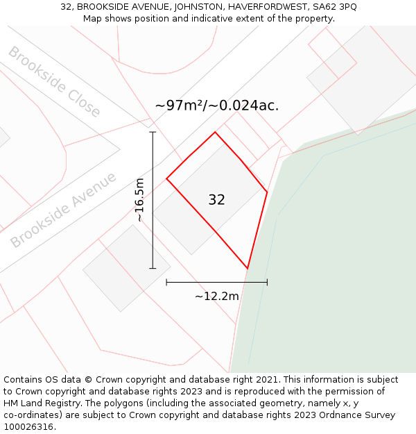 32, BROOKSIDE AVENUE, JOHNSTON, HAVERFORDWEST, SA62 3PQ: Plot and title map