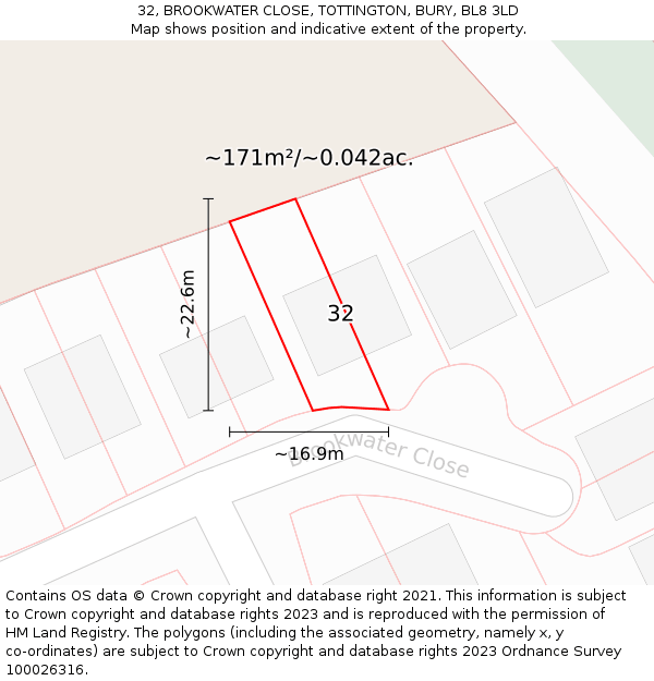 32, BROOKWATER CLOSE, TOTTINGTON, BURY, BL8 3LD: Plot and title map