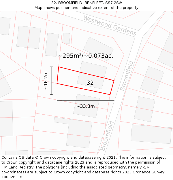 32, BROOMFIELD, BENFLEET, SS7 2SW: Plot and title map