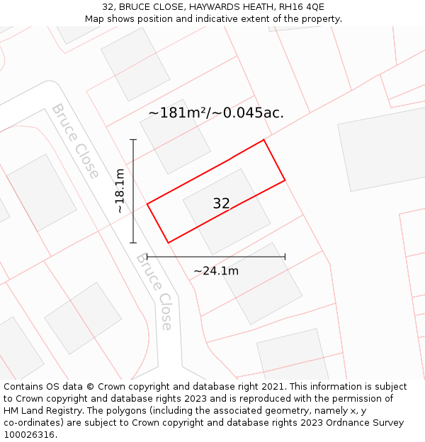 32, BRUCE CLOSE, HAYWARDS HEATH, RH16 4QE: Plot and title map