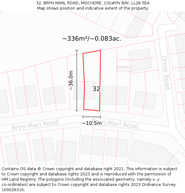 32, BRYN MARL ROAD, MOCHDRE, COLWYN BAY, LL28 5EA: Plot and title map