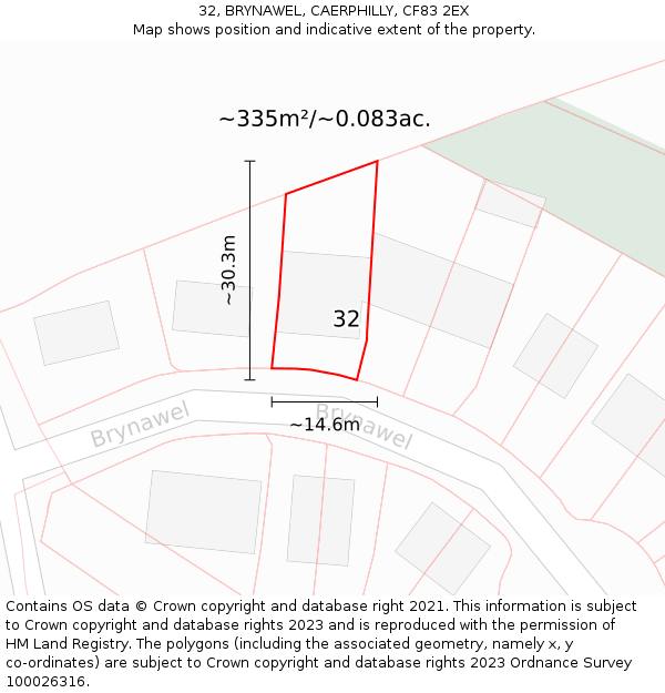 32, BRYNAWEL, CAERPHILLY, CF83 2EX: Plot and title map