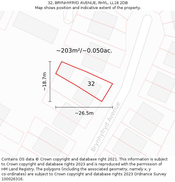 32, BRYNHYFRYD AVENUE, RHYL, LL18 2DB: Plot and title map