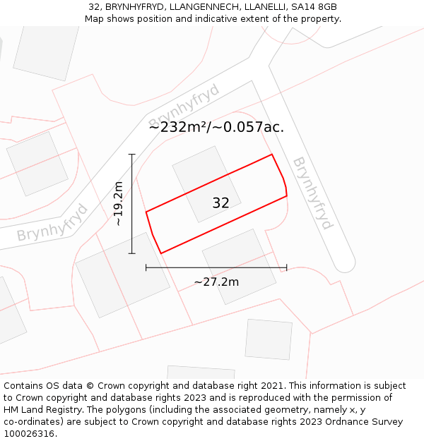 32, BRYNHYFRYD, LLANGENNECH, LLANELLI, SA14 8GB: Plot and title map