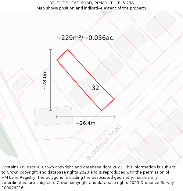 32, BUDSHEAD ROAD, PLYMOUTH, PL5 2RA: Plot and title map