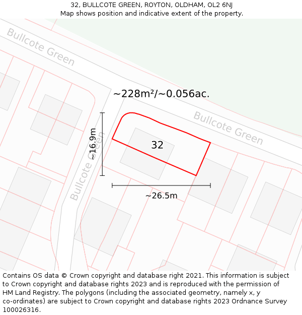 32, BULLCOTE GREEN, ROYTON, OLDHAM, OL2 6NJ: Plot and title map