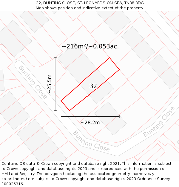 32, BUNTING CLOSE, ST. LEONARDS-ON-SEA, TN38 8DG: Plot and title map