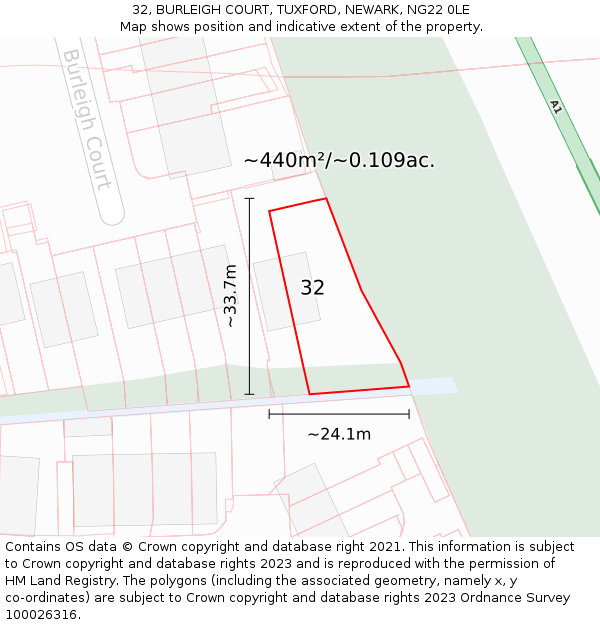 32, BURLEIGH COURT, TUXFORD, NEWARK, NG22 0LE: Plot and title map