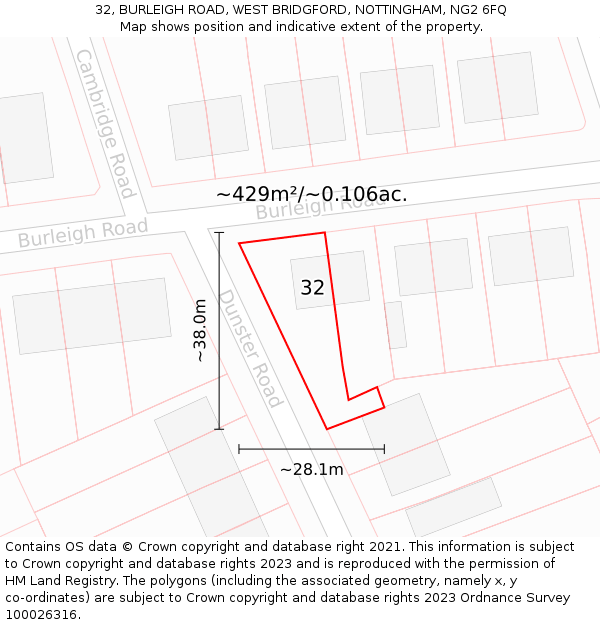 32, BURLEIGH ROAD, WEST BRIDGFORD, NOTTINGHAM, NG2 6FQ: Plot and title map