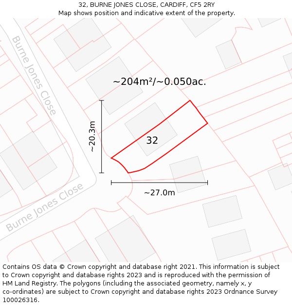 32, BURNE JONES CLOSE, CARDIFF, CF5 2RY: Plot and title map