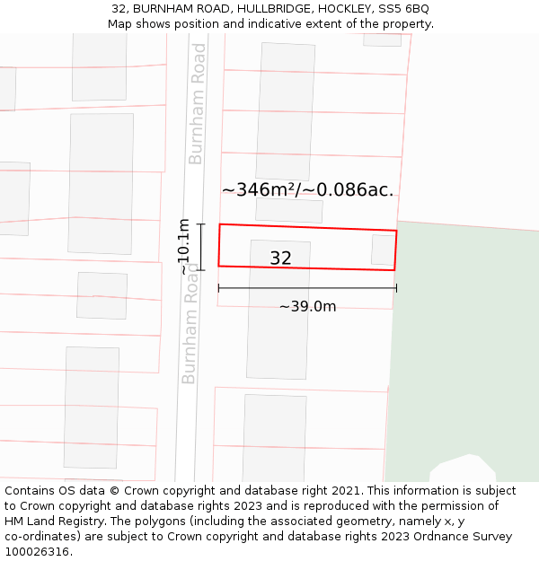 32, BURNHAM ROAD, HULLBRIDGE, HOCKLEY, SS5 6BQ: Plot and title map