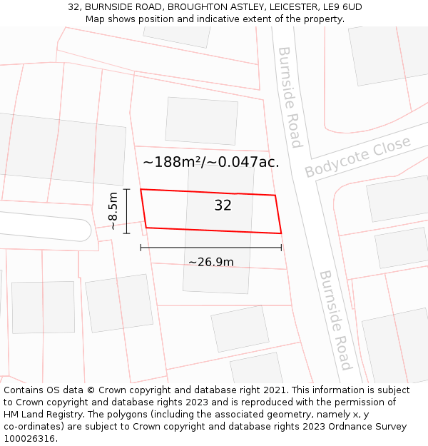 32, BURNSIDE ROAD, BROUGHTON ASTLEY, LEICESTER, LE9 6UD: Plot and title map