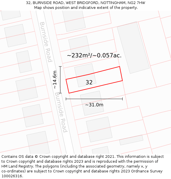 32, BURNSIDE ROAD, WEST BRIDGFORD, NOTTINGHAM, NG2 7HW: Plot and title map