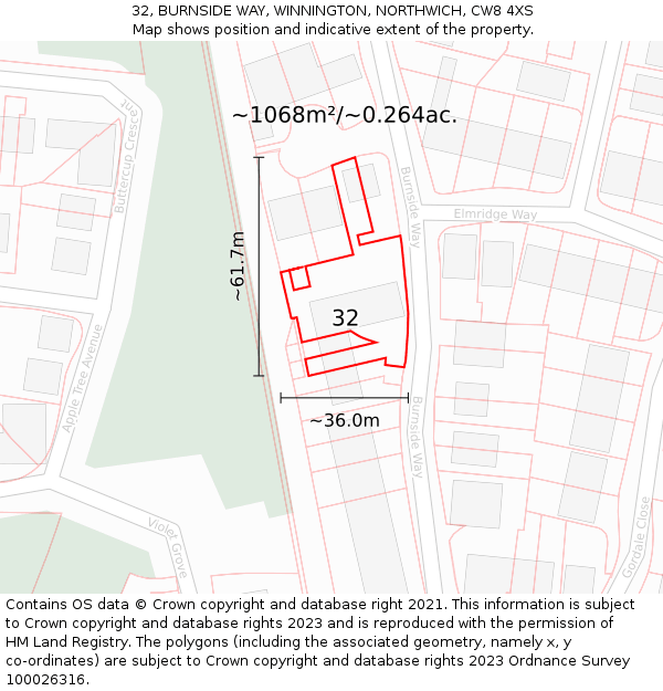 32, BURNSIDE WAY, WINNINGTON, NORTHWICH, CW8 4XS: Plot and title map