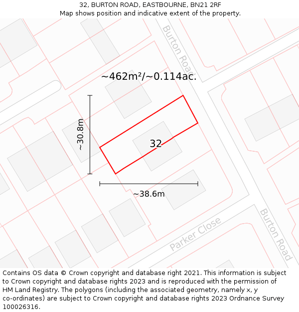 32, BURTON ROAD, EASTBOURNE, BN21 2RF: Plot and title map