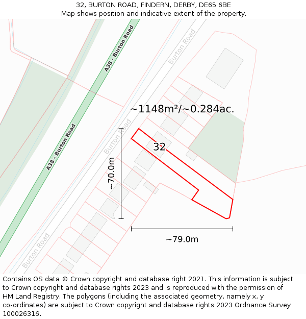 32, BURTON ROAD, FINDERN, DERBY, DE65 6BE: Plot and title map