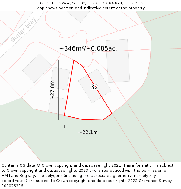 32, BUTLER WAY, SILEBY, LOUGHBOROUGH, LE12 7GR: Plot and title map