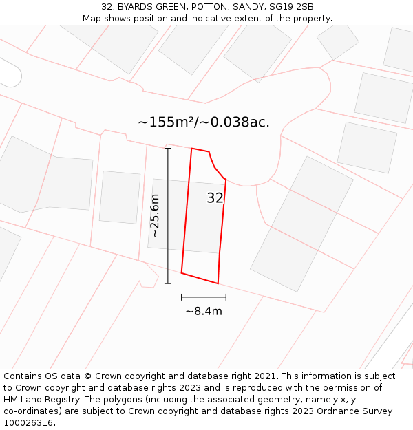 32, BYARDS GREEN, POTTON, SANDY, SG19 2SB: Plot and title map