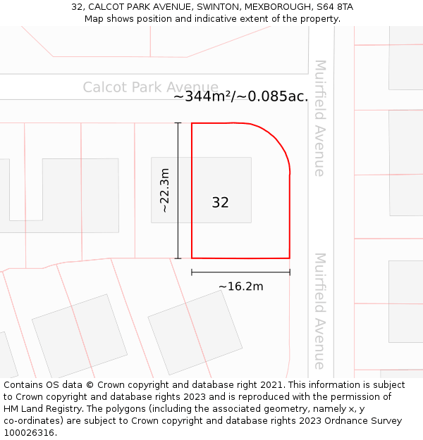 32, CALCOT PARK AVENUE, SWINTON, MEXBOROUGH, S64 8TA: Plot and title map