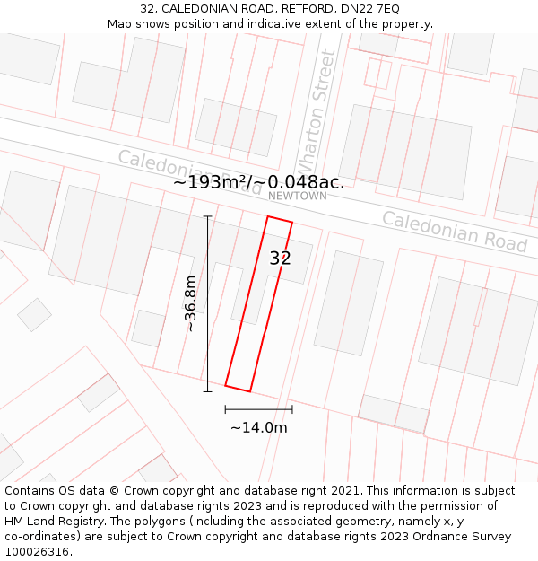 32, CALEDONIAN ROAD, RETFORD, DN22 7EQ: Plot and title map