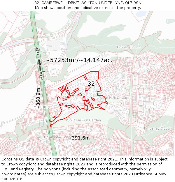 32, CAMBERWELL DRIVE, ASHTON-UNDER-LYNE, OL7 9SN: Plot and title map