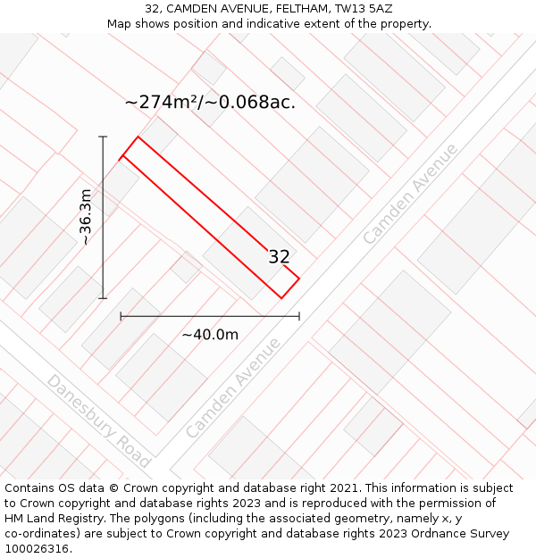 32, CAMDEN AVENUE, FELTHAM, TW13 5AZ: Plot and title map