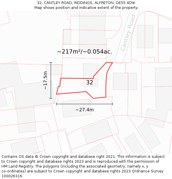 32, CANTLEY ROAD, RIDDINGS, ALFRETON, DE55 4DW: Plot and title map