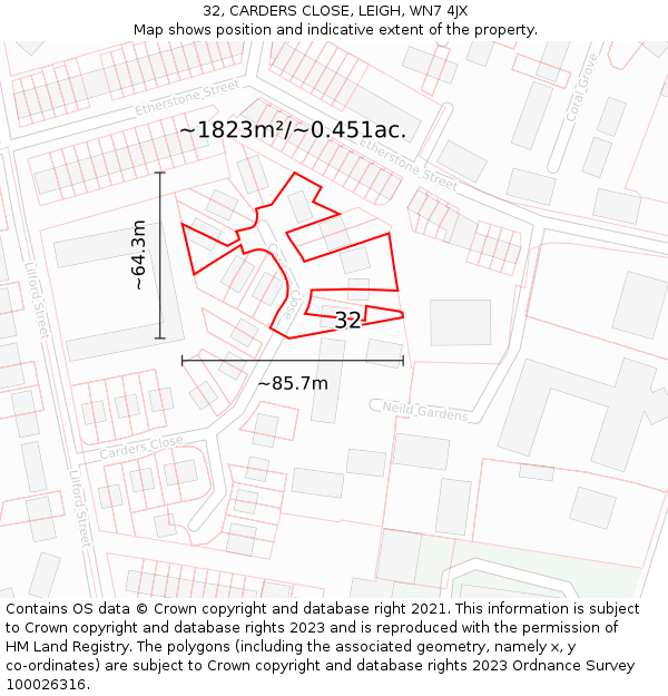 32, CARDERS CLOSE, LEIGH, WN7 4JX: Plot and title map