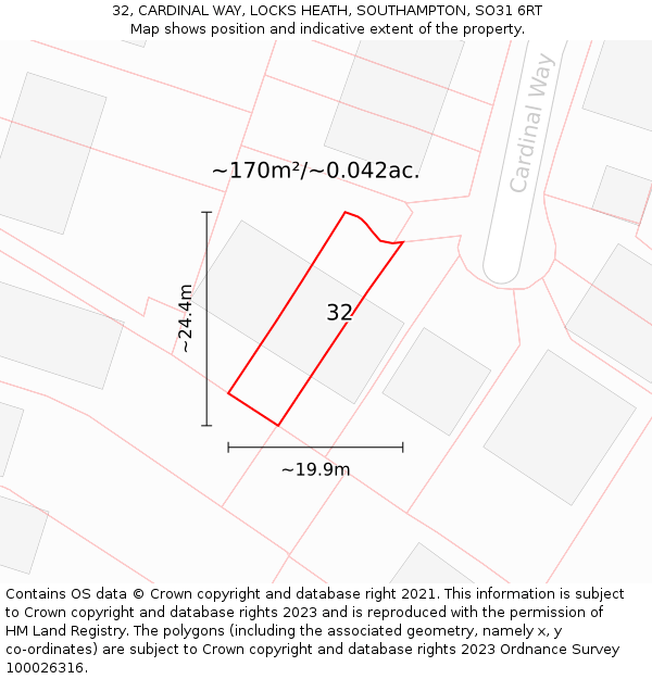 32, CARDINAL WAY, LOCKS HEATH, SOUTHAMPTON, SO31 6RT: Plot and title map