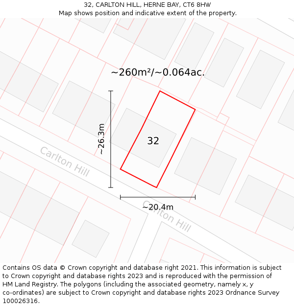 32, CARLTON HILL, HERNE BAY, CT6 8HW: Plot and title map