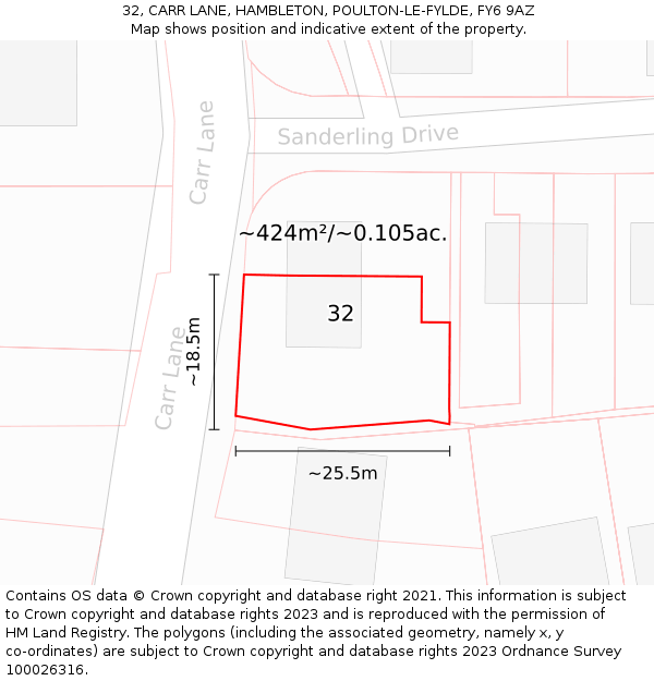 32, CARR LANE, HAMBLETON, POULTON-LE-FYLDE, FY6 9AZ: Plot and title map