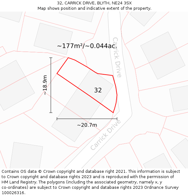 32, CARRICK DRIVE, BLYTH, NE24 3SX: Plot and title map