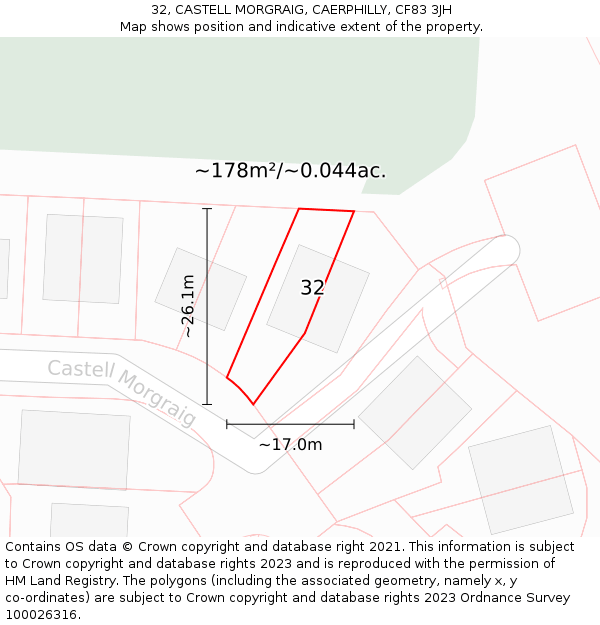 32, CASTELL MORGRAIG, CAERPHILLY, CF83 3JH: Plot and title map